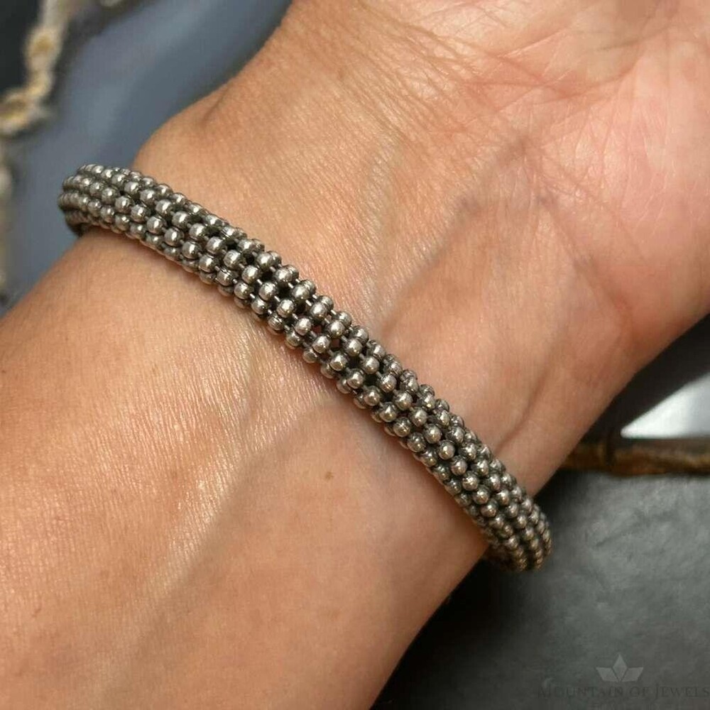 Vintage Sterling Silver Twisted Popcorn Mesh 7.5" Bracelet For Women